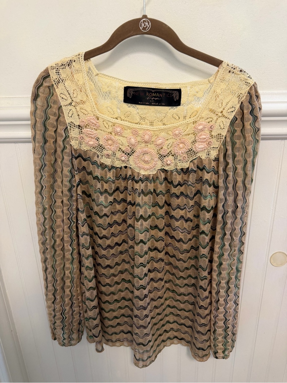 Free People Cream Lace Top with Pale Pink Beaded Accents